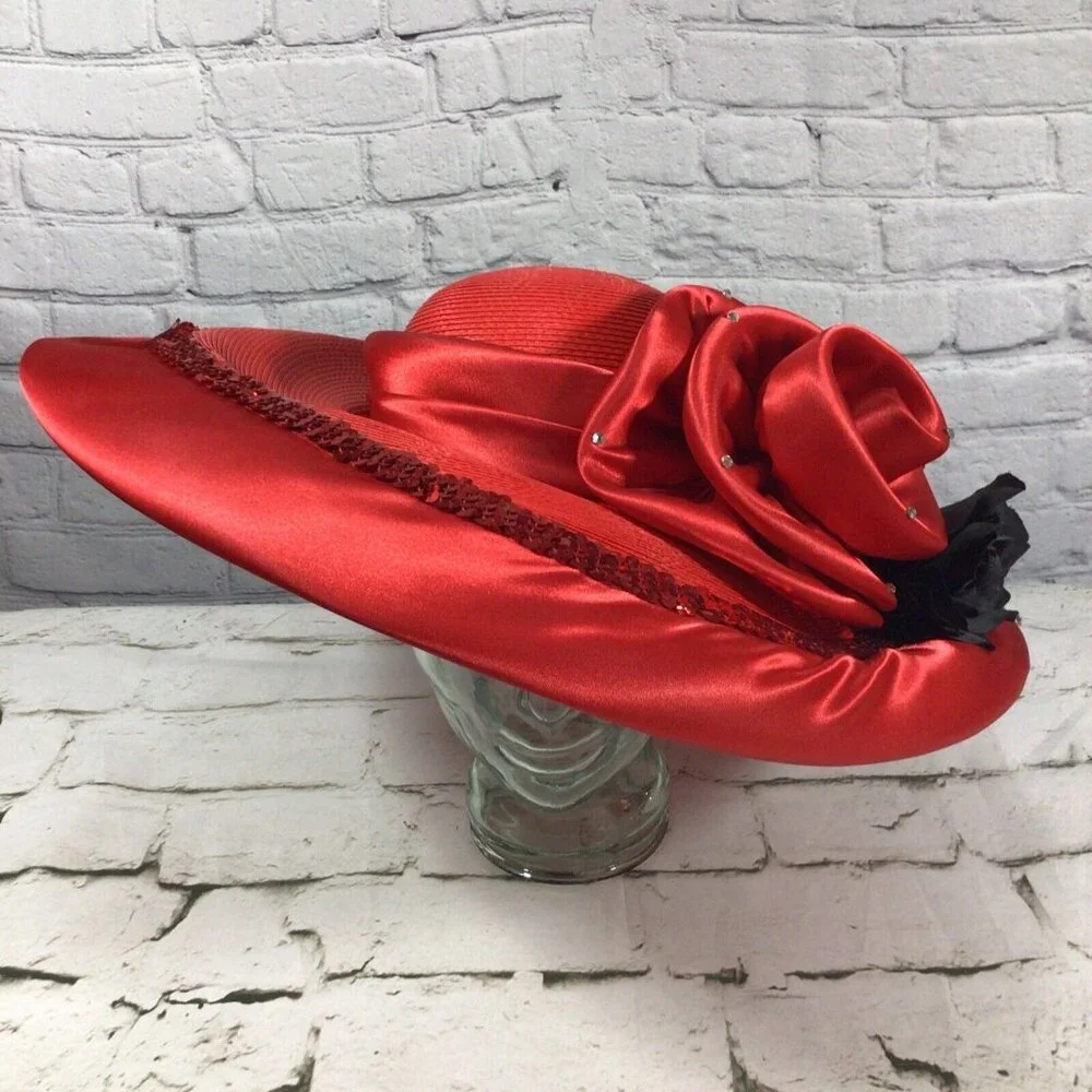 Vintage Mr. Hi’s Hat Red Kentucky‎ Derby Satin Jeweled Rose Showstopper Church